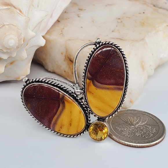 Natural Mookait Stones Silver Butterfly Ring - Picture 2 of 6